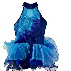 Wessman Girls Blue Aqua sequined Ruffled Lace Dance Costume